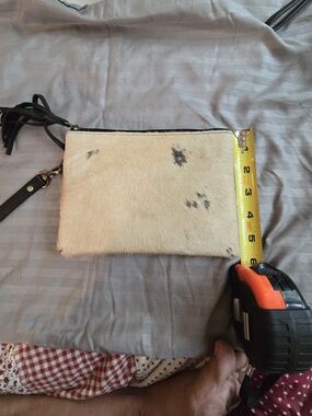 Women's Cream and Black Spot Faux Haircalf Wristlet Clutch